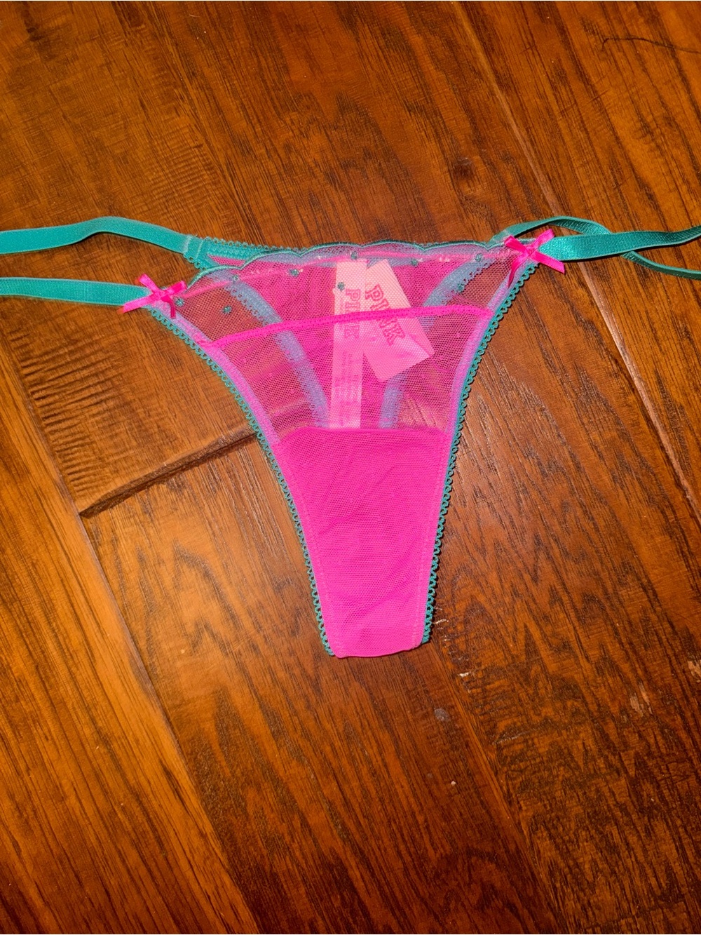 NWT PINK Hot Pink & Teal Sheer Thong